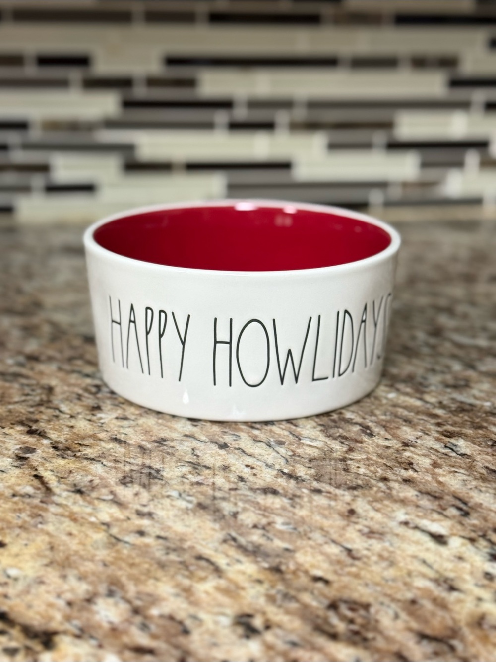 Rae Dunn "Happy Howlidays" Ceramic Pet Bowl - White Exterior Red Interior